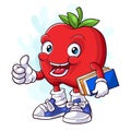 Cute red apple cartoon carrying a book and giving a thumbs up