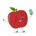 Cute red apple cartoon character with a smartphone and does selfie. Vector illustration, a flat style