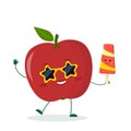 Cute red apple character in sunglasses star in the hands of a colorful ice cream. Vector illustration, a flat style