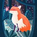 Cute red baby fox playing with a butterfly in a forest at night. Colorful handdrawn illustration