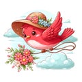 cute red bird flyinsilhouette of old green oak treeg in Straw pink hat with flowers cloud background