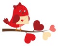 Cute Red Bird Sitting On Branch with Heart Shaped Leaves Holding Envelope. Vector Cute Bird with Bow Royalty Free Stock Photo