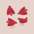 Cute red birds hand drawn vector illustration in flat style. Isolated set of colorful funny swallows for kids. Royalty Free Stock Photo