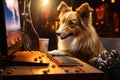 Cute red border collie dog sitting at table with computer and eating popcorn, A cute dog watches a movie on a laptop screen,