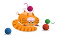 A cute cartoon red fat cat, kitty lies on its back and holds in its paws, plays a ball of thread. Vector