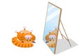 A cute cartoon red fat cat, kitty lies on its back and looks at its reflection in the mirror. Vector isolated Royalty Free Stock Photo