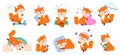 Cute red cartoon fox mascot. Autumn foxes, forest wildlife animals. Isolated foxy sleep, jump with umbrella, drink