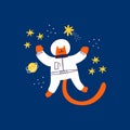 Cute red cat astronaut flying in outer space. Hand drawn kitty wearing spacesuit Royalty Free Stock Photo