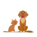 Cute red cat, big friendly brown dog sitting straight