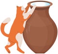 Cute red cat drinking big jug of milk on floor in flat vector style. Hungry cat looking for food Royalty Free Stock Photo
