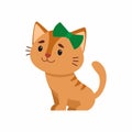 Cute red cat flat vector color illustration. Adorable kitten with green bow on head.