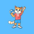 Red cat practicing volleyball. Cartoon vector character for children