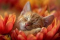 Cute red cat sleeping in spring flowers. The image is generated with the use of an AI.