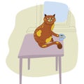 Cute red cat throwing coffee or tea cup off table. Funny cat breaking things vector illustration, cartoon Royalty Free Stock Photo