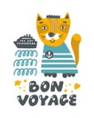 Cute red cat with waves, travelling ship and lettering.