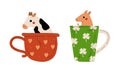 Cute Red Cheeked Cow and Pig Animal Sitting in Mug Vector Set