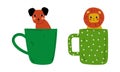 Cute Red Cheeked Dog and Lion Animal Sitting in Mug Vector Set
