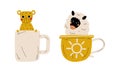Cute Red Cheeked Leopard and Sheep Animal Sitting in Mug Vector Set