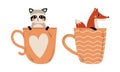 Cute Red Cheeked Raccoon and Fox Animal Sitting in Mug Vector Set
