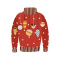 Cute red comfortable sweater decorated with Christmas tree baubles and toys vector flat illustration. Knitted warm