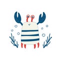 Cute red crab with funny eyes and claws. Childish colored vector illustration of funny smiling lobster. Design for Royalty Free Stock Photo