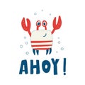 Cute red crab with funny eyes and claws. Childish colored vector illustration of funny smiling lobster. Hand drawn Royalty Free Stock Photo