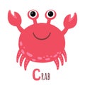 Cute red crab with sign. C letter learning. Cartoon style. Vector isolated on white background