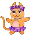 Cute, red, dancing cat in a wreath of purple flowers and a ballet tutu. Kitty ballerina vector full color picture. Red-haired cat