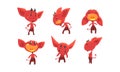 Cute Red Devil with Various Emotions and Actions Collection, Funny Demon Cartoon Characters Vector Illustration