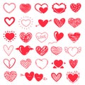 Cute red doodle hearts, hand drawn heart scribbles. Valentine day hearts with wings or arrow, love symbol grunge sketches vector Royalty Free Stock Photo