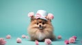 Cute red fluffy spitz wearing hat with a peach flower on a blue background, Easter pet Royalty Free Stock Photo