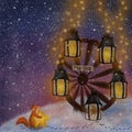 Cute red fox collecting stars. Star shop with winter landscape illustration. Royalty Free Stock Photo