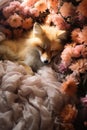 Cute red fox lies on the bed under peach blanket. Exotic domestic pet. Lazy sunny morning concept.