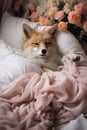 Cute red fox lies on the bed under peach blanket. Exotic domestic pet. Lazy sunny morning concept.