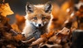 Cute red fox puppy sitting in autumn forest, looking playful generated by AI Royalty Free Stock Photo