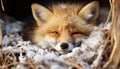 Cute red fox puppy sitting in snow, looking at camera generated by AI Royalty Free Stock Photo