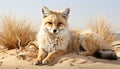 Cute red fox sitting on sand dune, looking at camera generated by AI Royalty Free Stock Photo