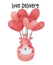 Cute red Gnome boy in love heart shape balloons watercolor cartoon vector hand painting, I love you Gnome Royalty Free Stock Photo