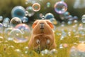 Cute red guinea pig play with bubbles on green grass in the garden. Playing with pets concept