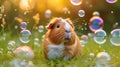 Cute red guinea pig play with bubbles on green grass in the garden. Playing with pets concept