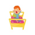 Cute red-haired boy waking up in bed and yawning. Daily routine of child. Cartoon character of funny little kid in blue