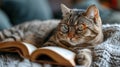 A cute red-haired cat is lying on the couch with glasses and reading a book Royalty Free Stock Photo