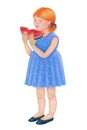 Cute red-haired girl eating delicious fresh watermelon. Royalty Free Stock Photo