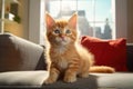 Cute red-haired kitten on a couch. Cat at home, pets indoors. AI Generated Royalty Free Stock Photo