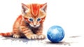 Cute red-haired kitten plays with a blue ball. Illustration aquarelle of a playful cat on white background. AI Generated Royalty Free Stock Photo