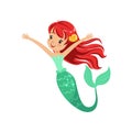 Cute red-haired mermaid girl isolated on white. Cartoon underwater character with shiny fish tail. Marine life concept