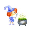 Cute red-haired witch isolated on a white background.