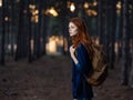 Cute Red-haired Woman Hiker Backpack Forest Travel