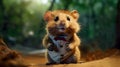 Cute red hamster in vest and bow tie in nature Little cheerful rodent professor Funny education and study concept