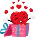 Cute Red Heart Retro Cartoon Character Exit From Gift Box